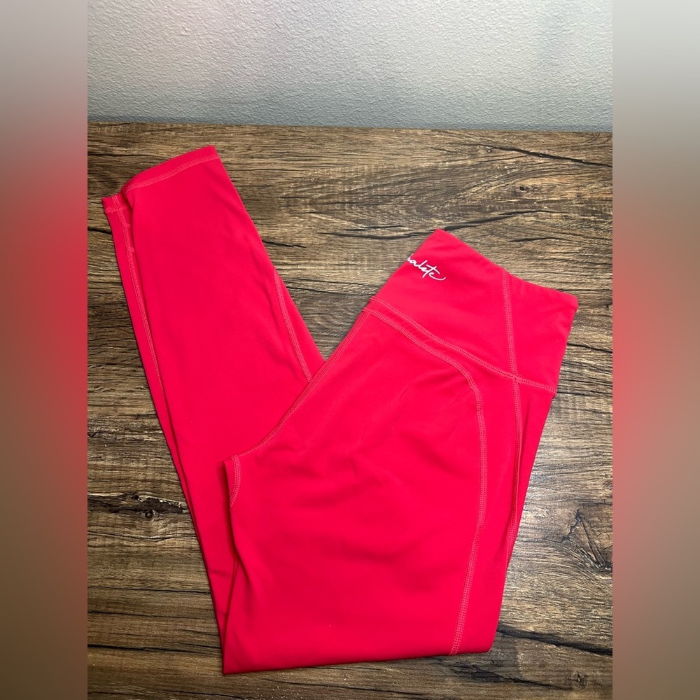 Alphalete Pulse Kinetic Leggings Coral Red High Rise Seamless Front Size L